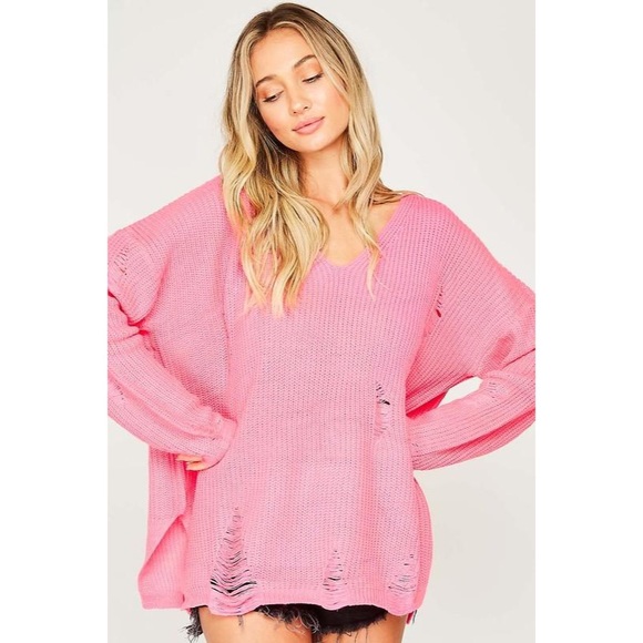 Neon Pink Distressed V-Neck Sweater NWT - Picture 7 of 8